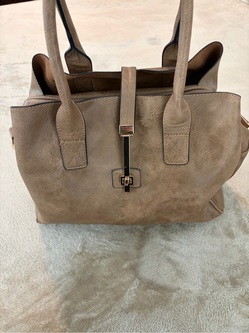 Taupe Shoulder Tote Bag with Gold Accent - Women's Everyday Handbag